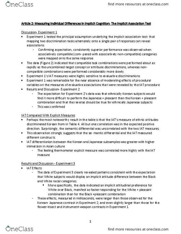 PSYC12H3 Chapter Notes - Chapter Midterm Article Notes: Convergent Validity, Implicit-Association Test, Koreans In Japan thumbnail